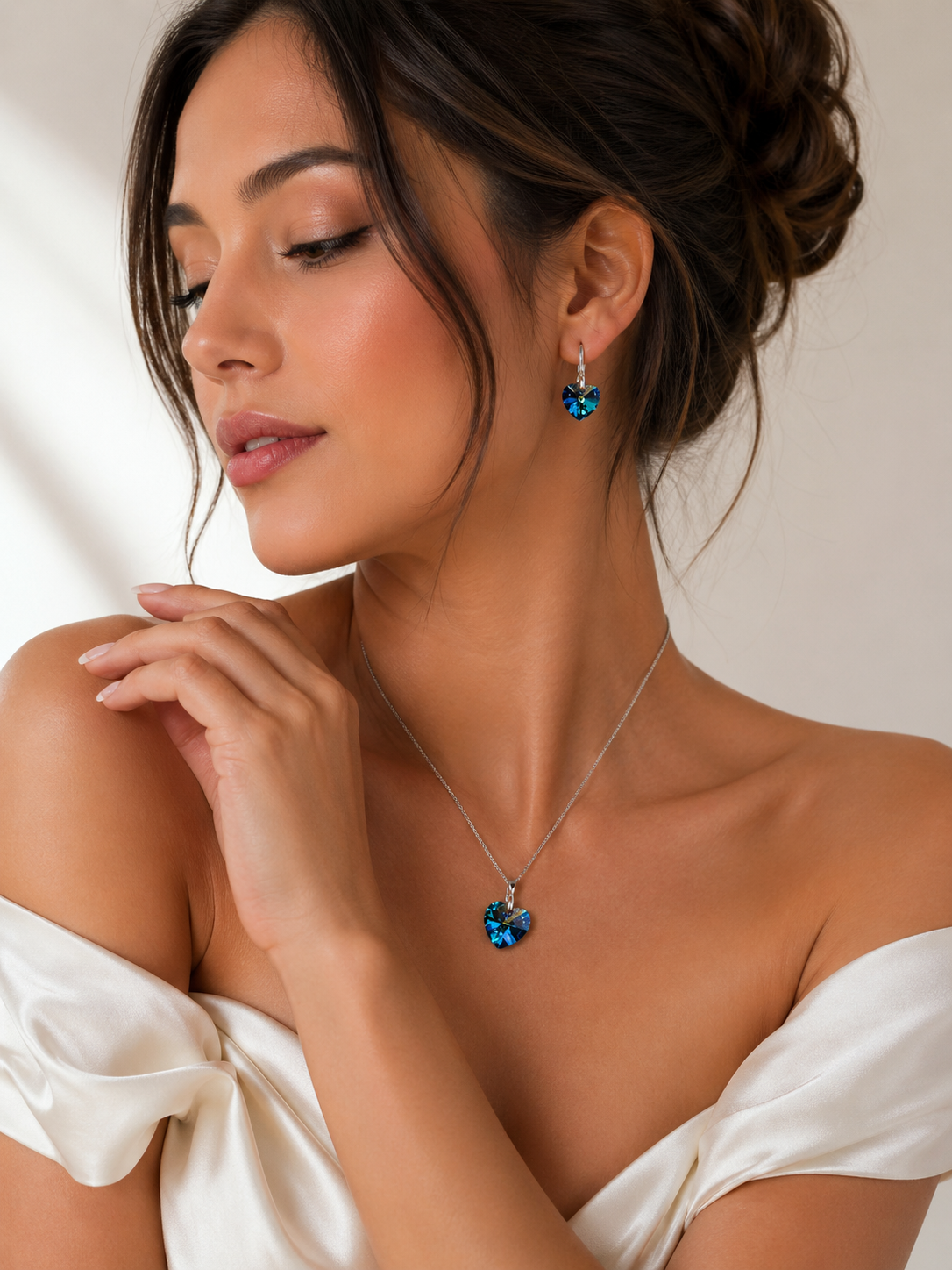 SET COLLAR Y ARETES DE PLATA 925 CON DIJE CORAZÓN DE CRISTAL AZUL - REGALO ESPECIAL PARA SORPRENDER - 3
