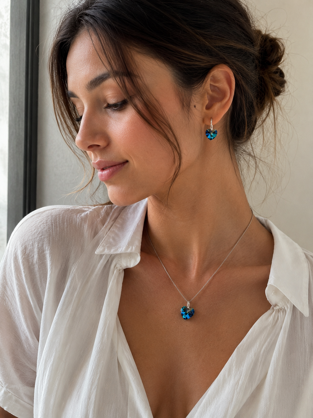 SET COLLAR Y ARETES DE PLATA 925 CON DIJE CORAZÓN DE CRISTAL AZUL - REGALO ESPECIAL PARA SORPRENDER - 4