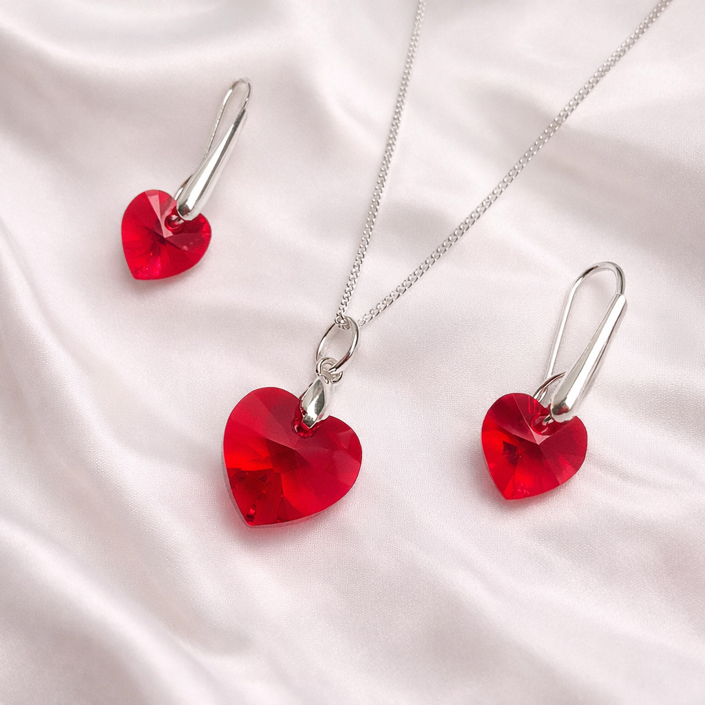 SET COLLAR Y ARETES DE PLATA 925 PARA MUJER CON CORAZÓN DE CRISTAL ROJO REGALO PARA ENAMORAR - 1