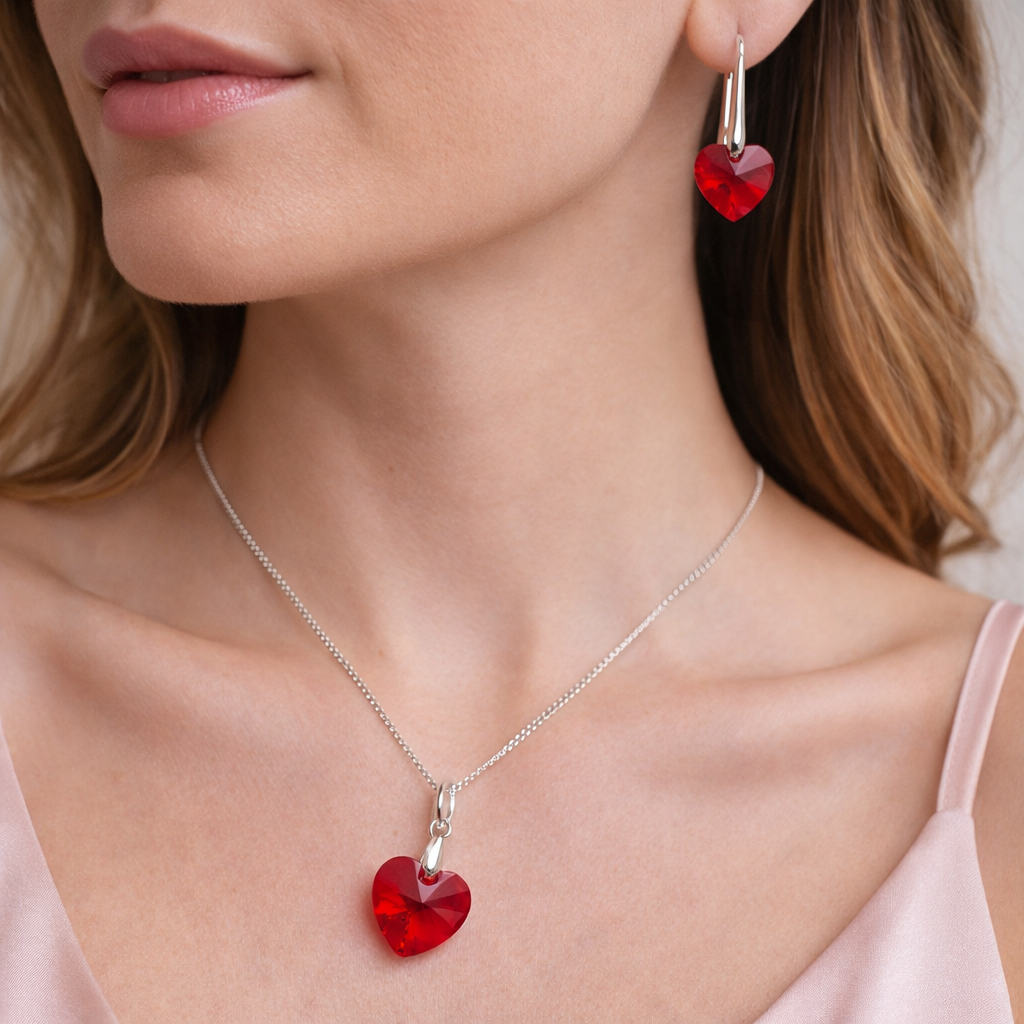 SET COLLAR Y ARETES DE PLATA 925 PARA MUJER CON CORAZÓN DE CRISTAL ROJO REGALO PARA ENAMORAR - 2