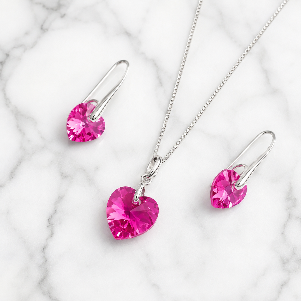 SET COLLAR Y ARETES DE PLATA 925 PARA MUJER CON CORAZÓN DE CRISTAL ROSADO - JOYERÍA ROMÁNTICA - 1