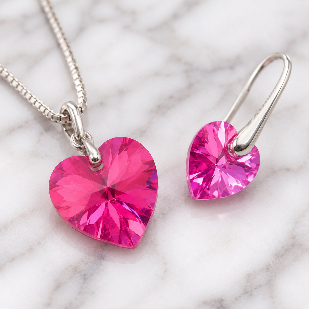 SET COLLAR Y ARETES DE PLATA 925 PARA MUJER CON CORAZÓN DE CRISTAL ROSADO - JOYERÍA ROMÁNTICA - 2