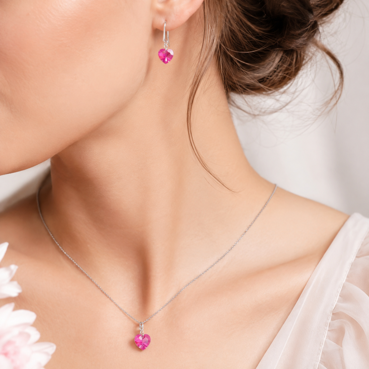 SET COLLAR Y ARETES DE PLATA 925 PARA MUJER CON CORAZÓN DE CRISTAL ROSADO - JOYERÍA ROMÁNTICA - 3
