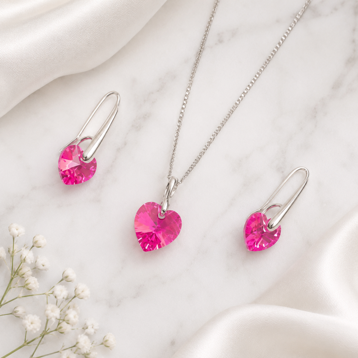 SET COLLAR Y ARETES DE PLATA 925 PARA MUJER CON CORAZÓN DE CRISTAL ROSADO - JOYERÍA ROMÁNTICA - 4