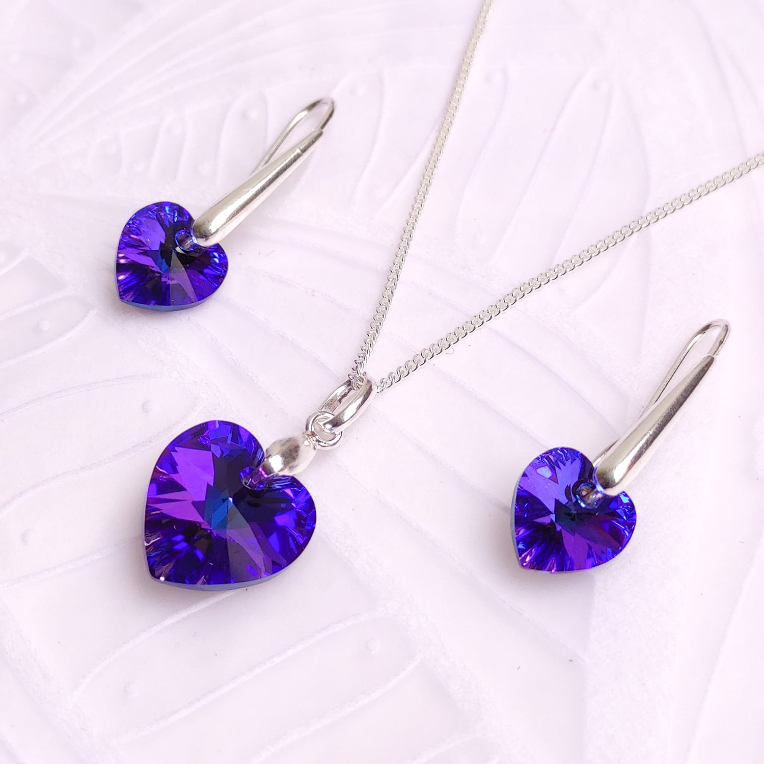 SET COLLAR Y ARETES DE PLATA 925 CON CORAZÓN DE CRISTAL MORADO - JOYA ELEGANTE PARA REGALO ESPECIAL - 1