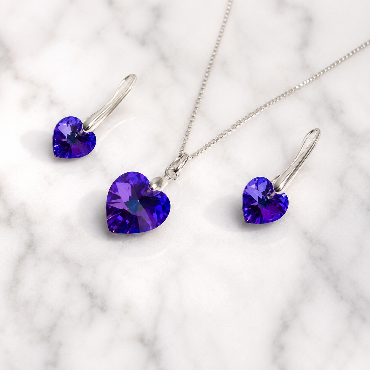 SET COLLAR Y ARETES DE PLATA 925 PARA MUJER CON CORAZÓN DE CRISTAL MORADO ESTILO SOFISTICADO - 1