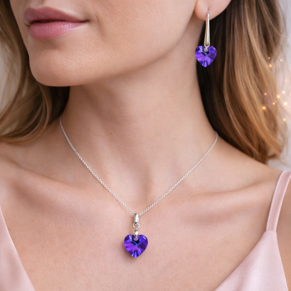 SET COLLAR Y ARETES DE PLATA 925 CON CORAZÓN DE CRISTAL MORADO - JOYA ELEGANTE PARA REGALO ESPECIAL - 2