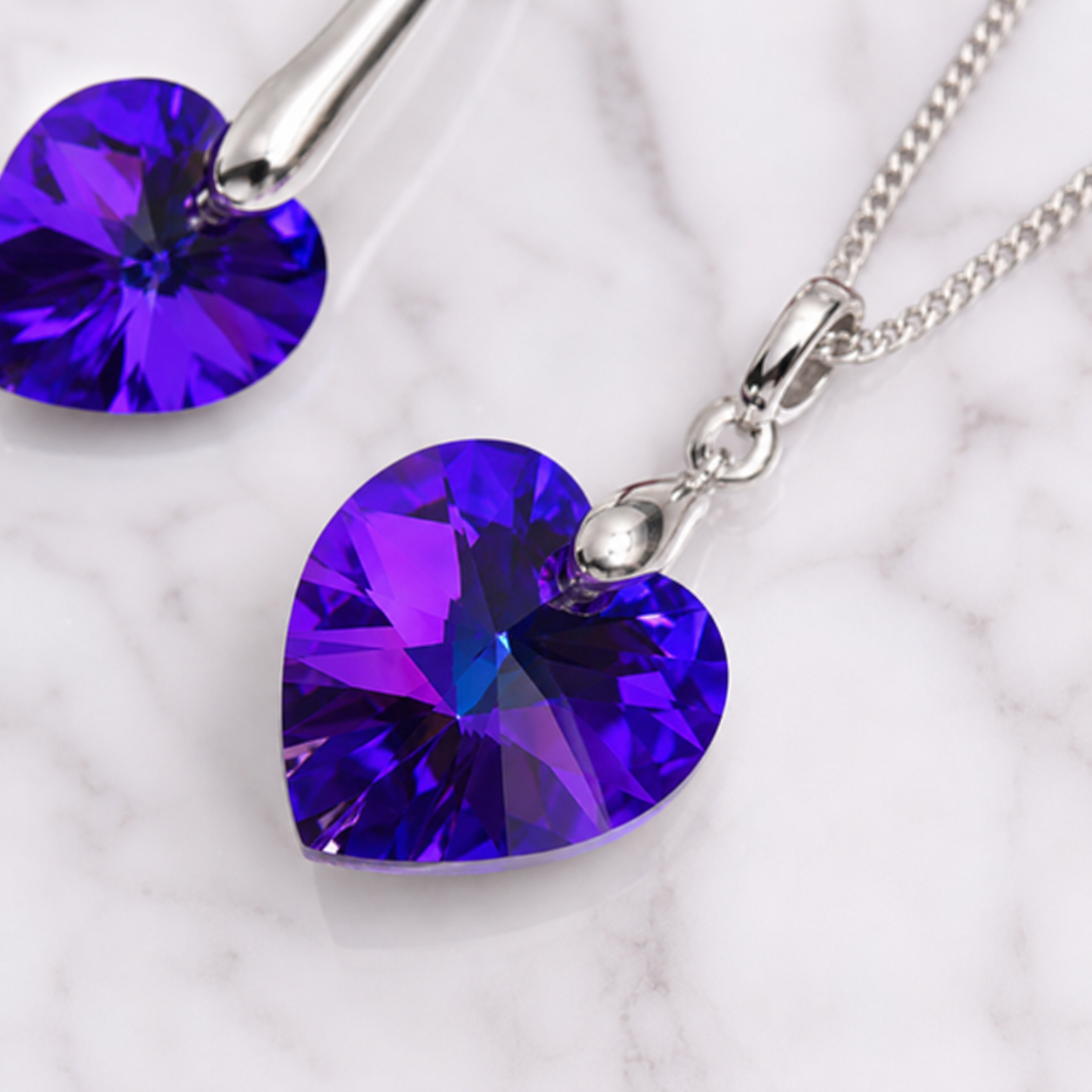 SET COLLAR Y ARETES DE PLATA 925 PARA MUJER CON CORAZÓN DE CRISTAL MORADO ESTILO SOFISTICADO - 2