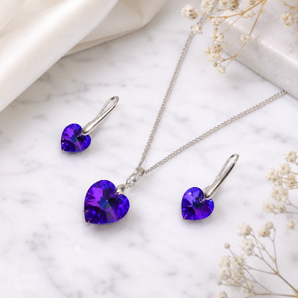 SET COLLAR Y ARETES DE PLATA 925 PARA MUJER CON CORAZÓN DE CRISTAL MORADO ESTILO SOFISTICADO - 5
