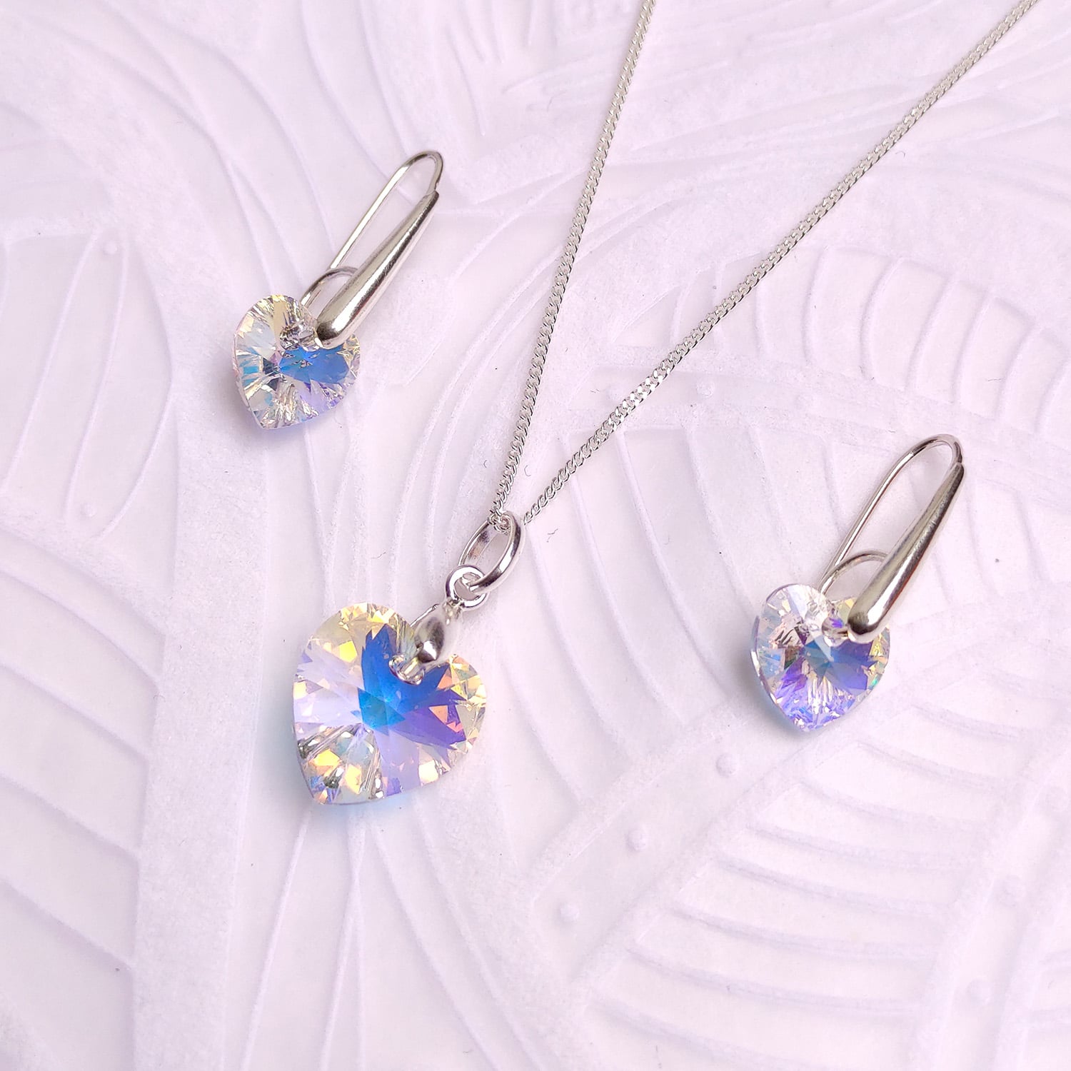 SET ELEGANTE DE COLLAR Y ARETES DE PLATA CON DIJE CORAZON DE CRISTAL AURORA BOREAL - REGALO IDEAL PARA SORPRENDER - 1