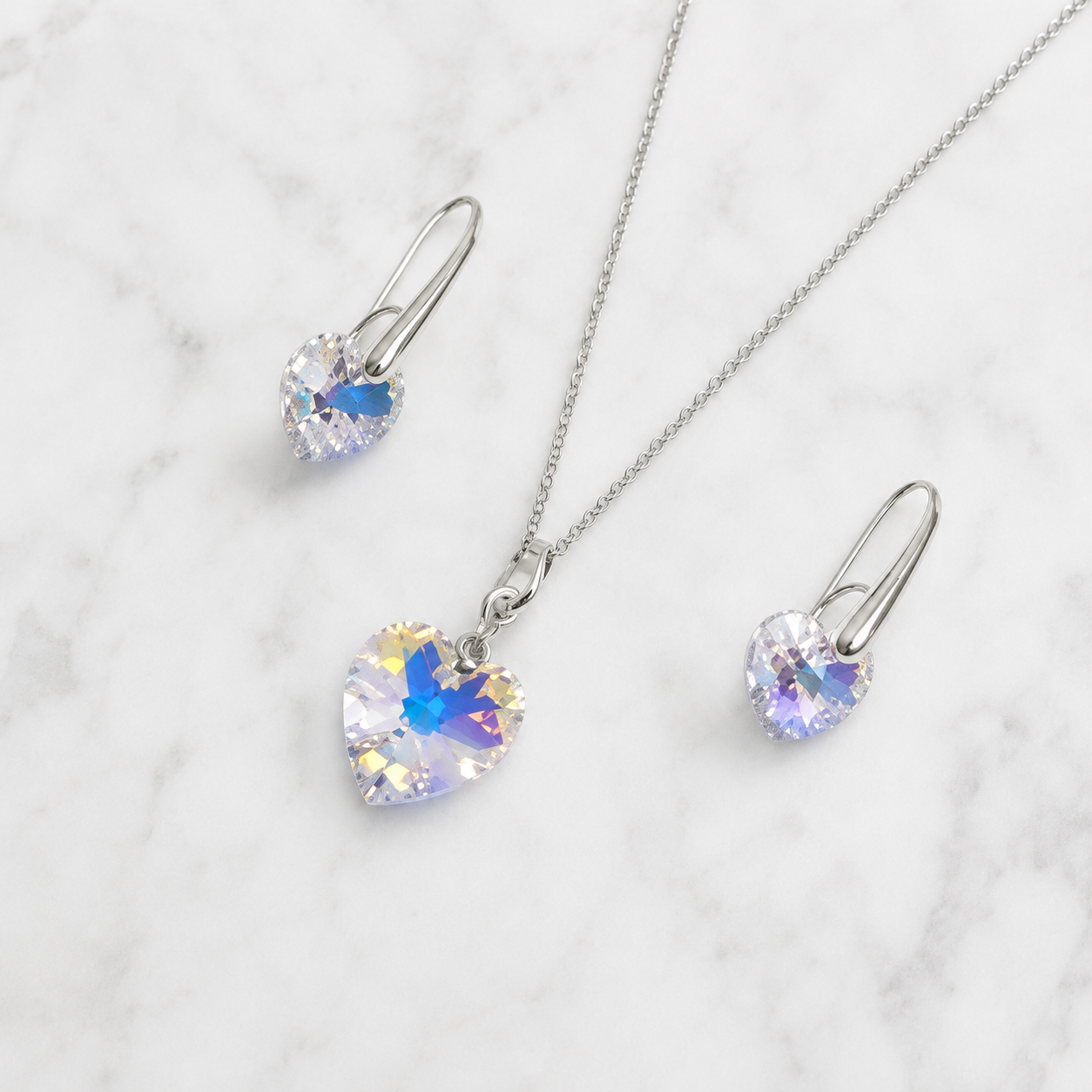 SET COLLAR Y ARETES DE PLATA 925 PARA MUJER CON CRISTAL CORAZÓN AURORA BOREAL REGALO ELEGANTE - 1