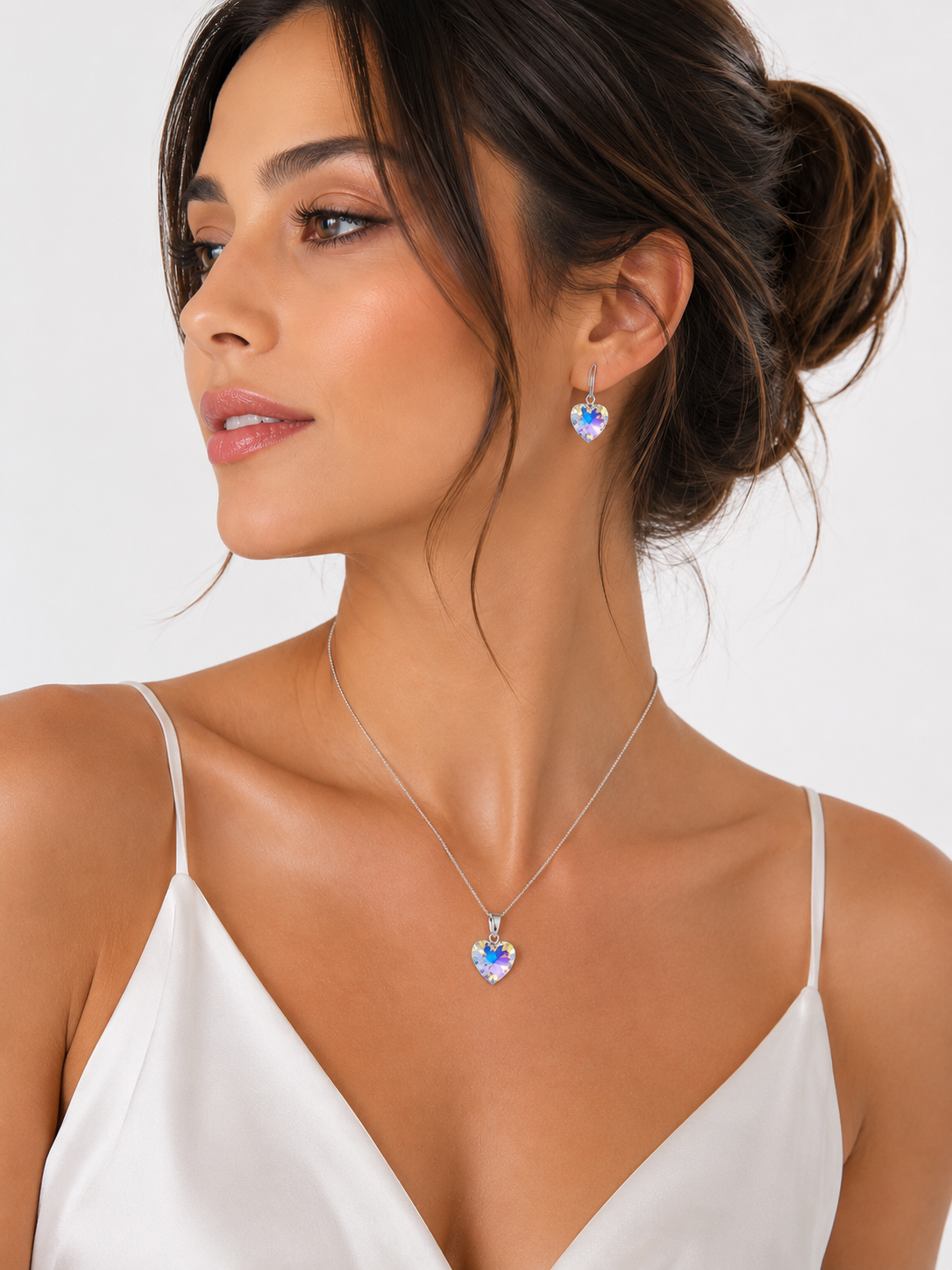 SET ELEGANTE DE COLLAR Y ARETES DE PLATA CON DIJE CORAZON DE CRISTAL AURORA BOREAL - REGALO IDEAL PARA SORPRENDER - 2