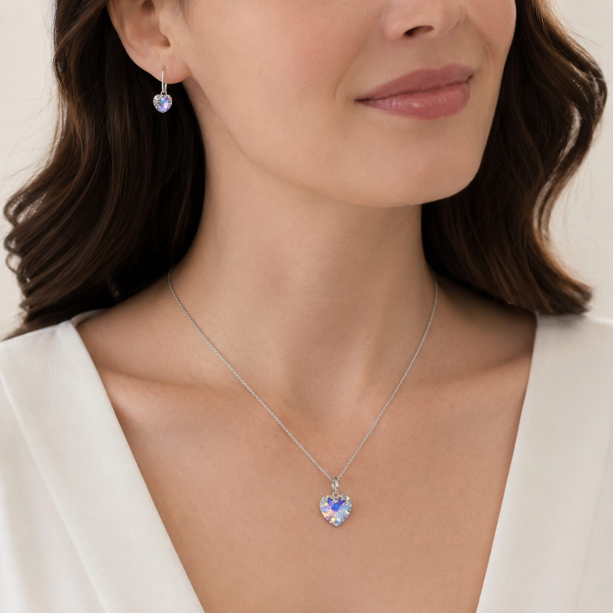 SET COLLAR Y ARETES DE PLATA 925 PARA MUJER CON CRISTAL CORAZÓN AURORA BOREAL REGALO ELEGANTE - 3