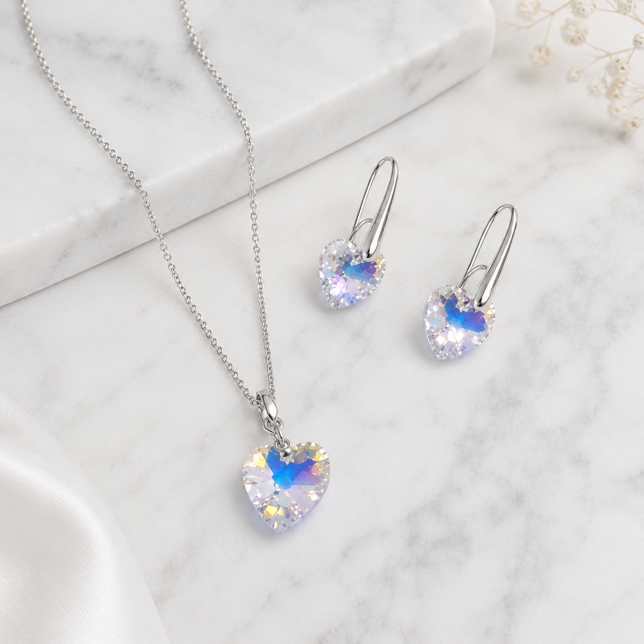 SET COLLAR Y ARETES DE PLATA 925 PARA MUJER CON CRISTAL CORAZÓN AURORA BOREAL REGALO ELEGANTE - 4
