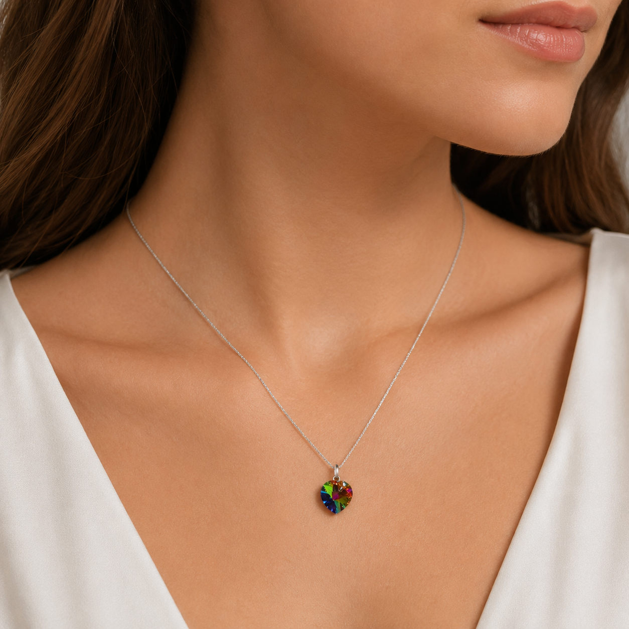 COLLAR Y ARETES DE PLATA CON DIJES DE CRISTAL DISEÑO CORAZÓN VERDE TORNASOL REGALO ELEGANTE PARA MUJER - 4
