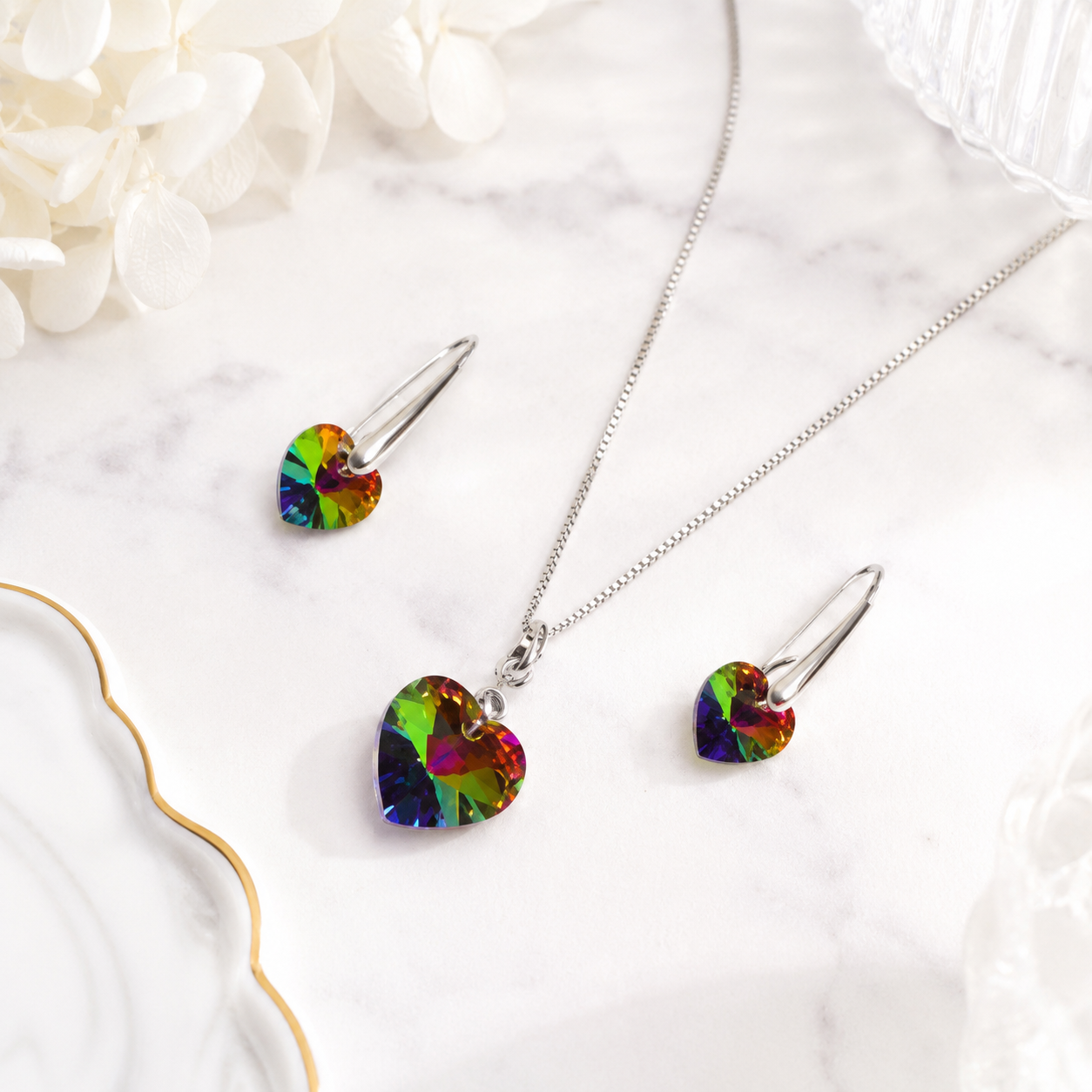 COLLAR Y ARETES DE PLATA CON DIJES DE CRISTAL DISEÑO CORAZÓN VERDE TORNASOL REGALO ELEGANTE PARA MUJER - 5