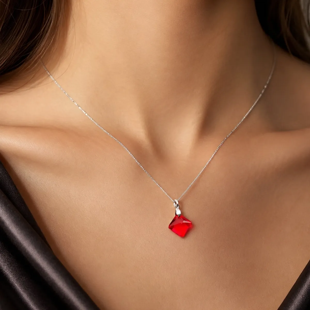 Collar de Plata 925 con Dije Rombo Rojo - Cadena Fina y Elegante - Regalo Especial para Enamorar - 2
