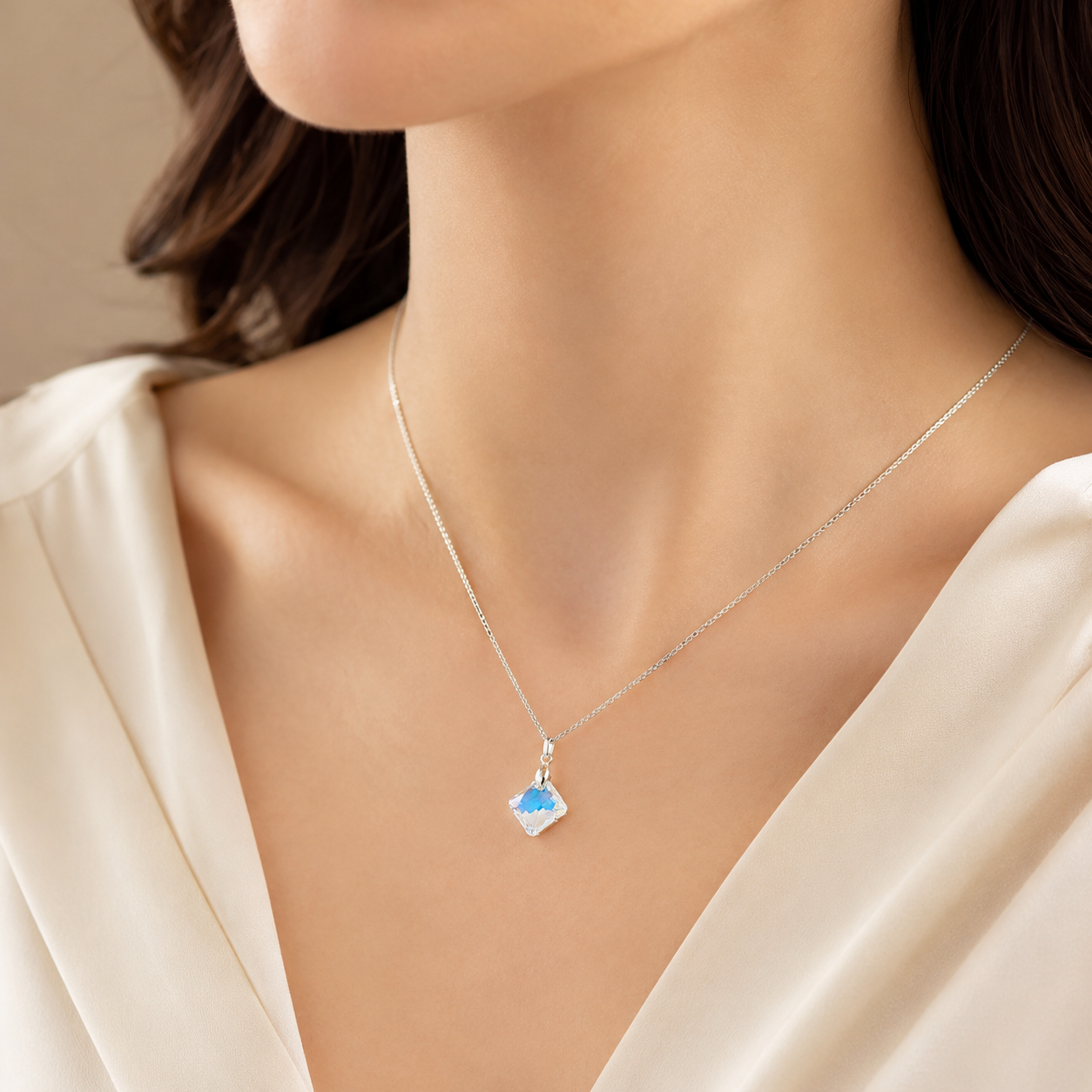 COLLAR DE PLATA 925 PARA MUJER CON DIJE DE CRISTAL ROMBO AURORA BOREAL TORNASOL JOYERIA ELEGANTE PARA REGALO - 3