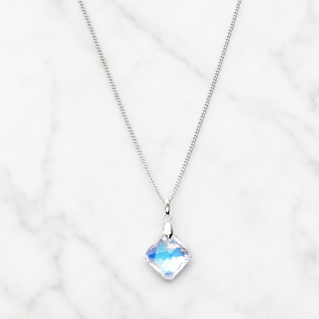 COLLAR DE PLATA 925 PARA MUJER CON DIJE DE CRISTAL ROMBO AURORA BOREAL TORNASOL JOYERIA ELEGANTE PARA REGALO - 4