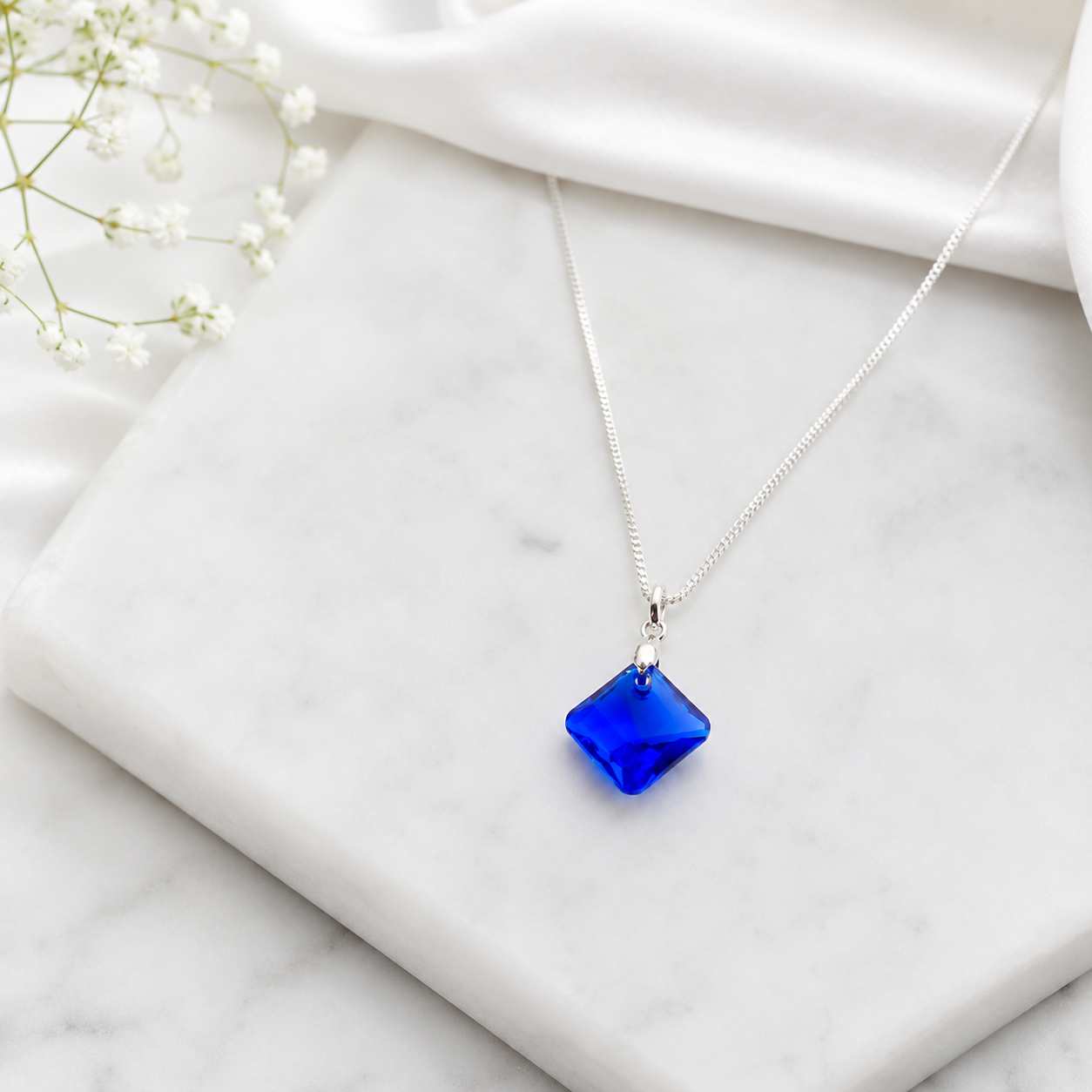 COLLAR DE PLATA 925 PARA MUJER CON CRISTAL DISEÑO ROMBO AZUL JOYERIA ELEGANTE PARA REGALO - 1