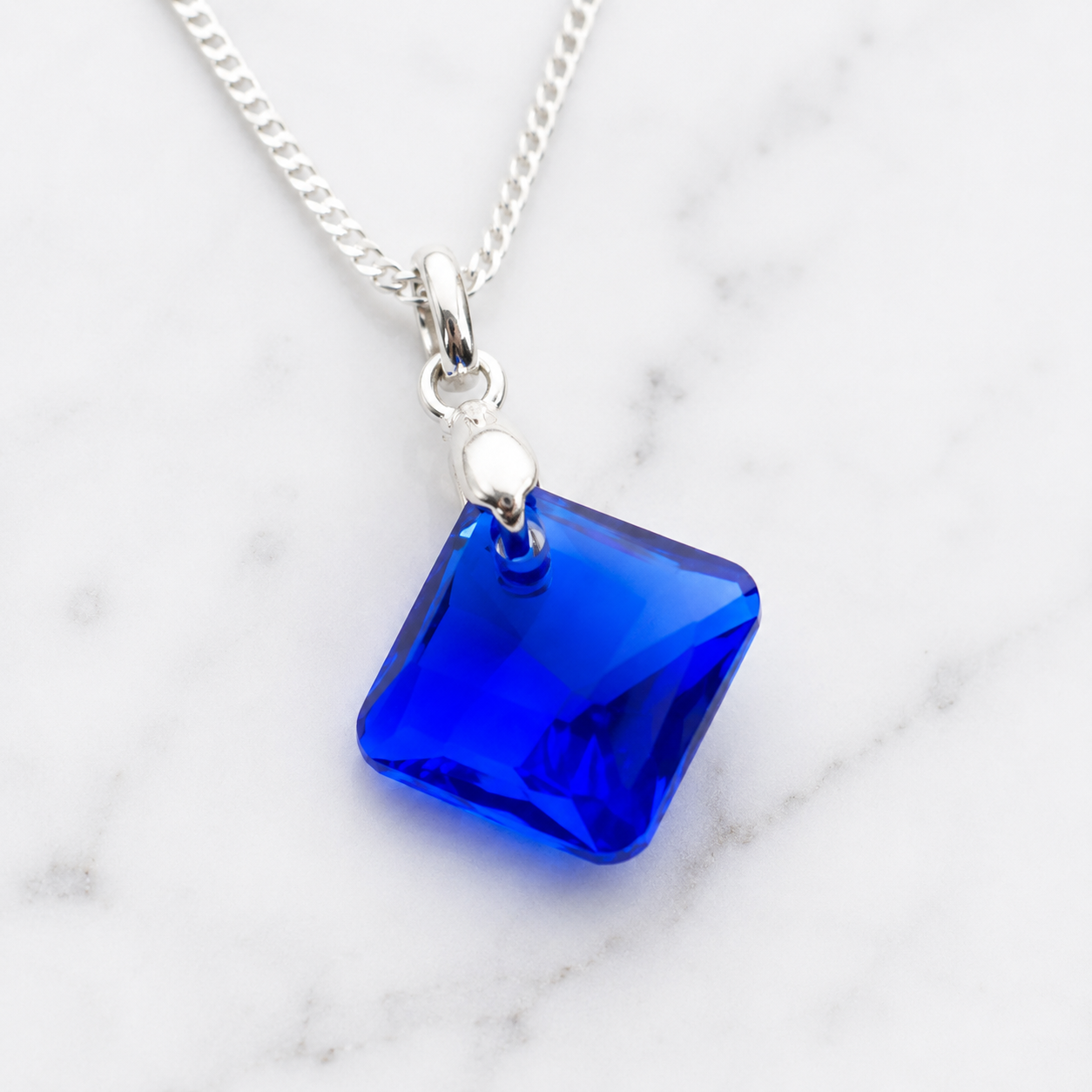COLLAR DE PLATA 925 PARA MUJER CON CRISTAL DISEÑO ROMBO AZUL JOYERIA ELEGANTE PARA REGALO - 2