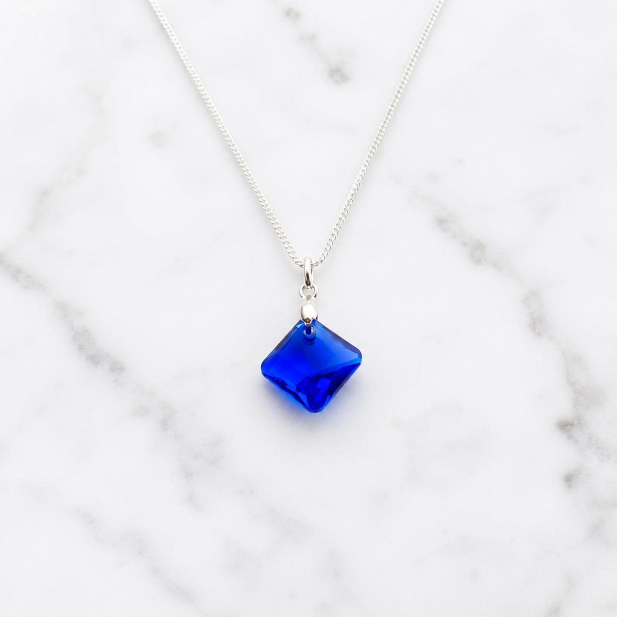 COLLAR DE PLATA 925 PARA MUJER CON CRISTAL DISEÑO ROMBO AZUL JOYERIA ELEGANTE PARA REGALO - 4