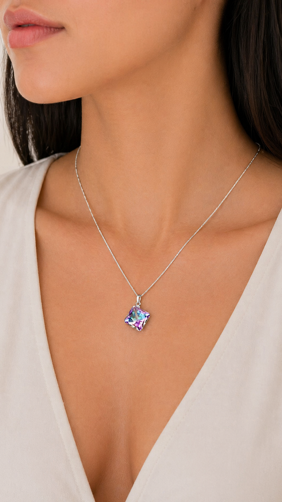 Collar de Plata 925 con Dije Rombo de Cristal Lila para Mujer Elegante - Regalo Especial para Enamorar - 3