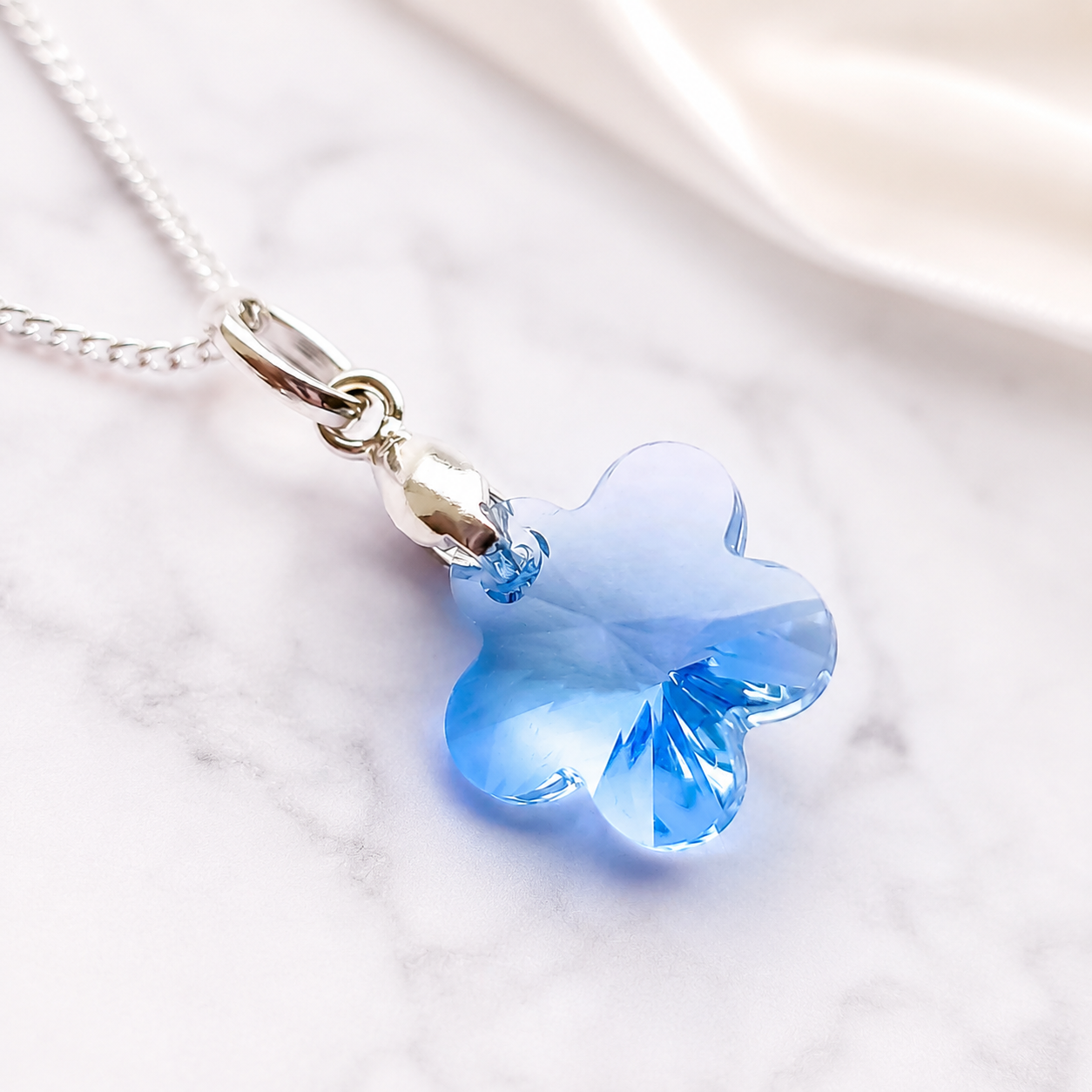 COLLAR DE PLATA PARA MUJER CON CRISTAL FLOR CELESTE JOYERIA ELEGANTE PARA REGALO - 2