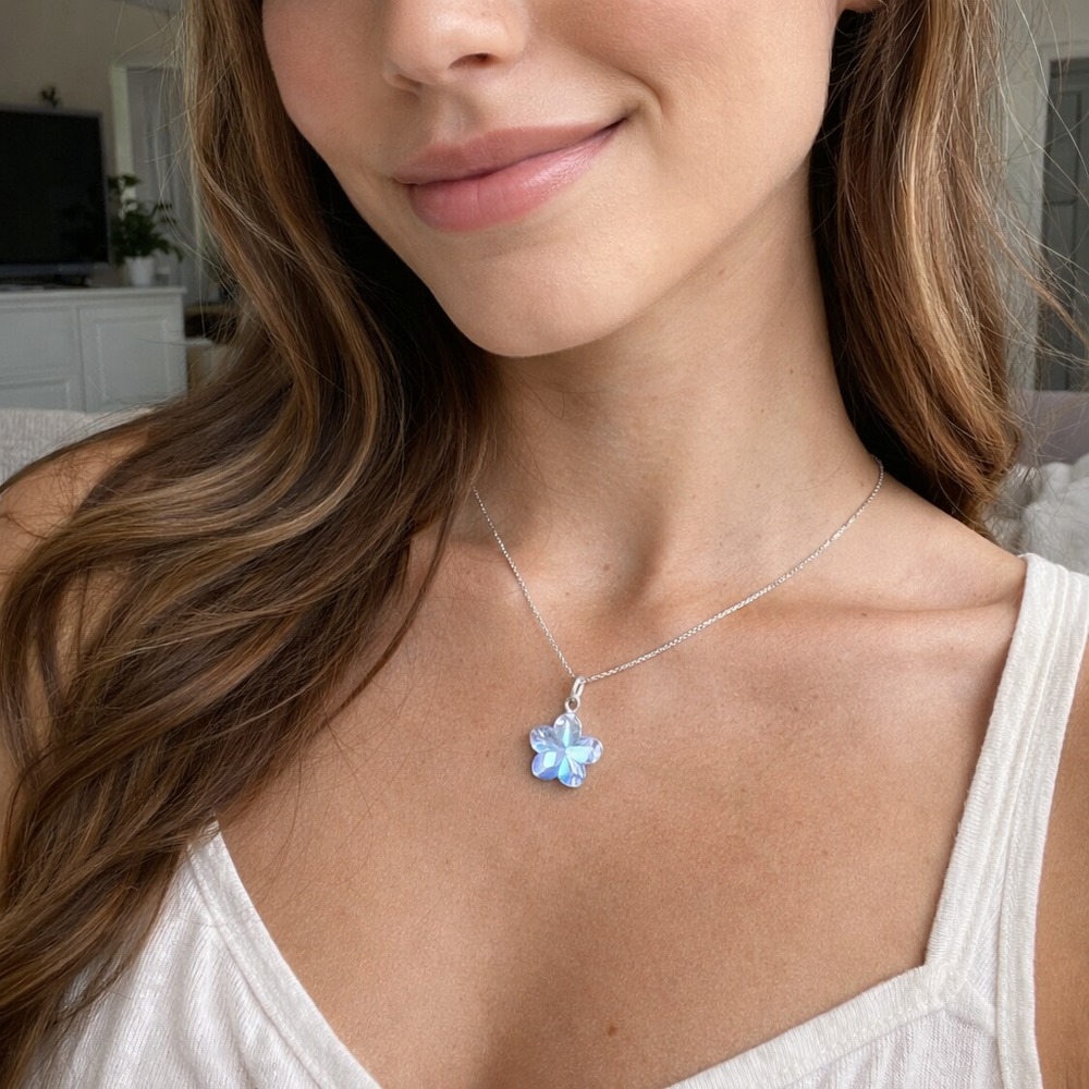 Collar de Plata 925 con Dije Flor Celeste de Cristal para Mujer - Regalo Elegante y Delicado - 3