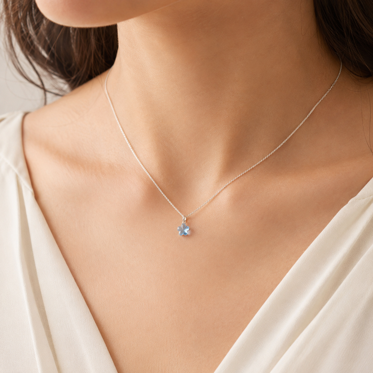 COLLAR DE PLATA PARA MUJER CON CRISTAL FLOR CELESTE JOYERIA ELEGANTE PARA REGALO - 3