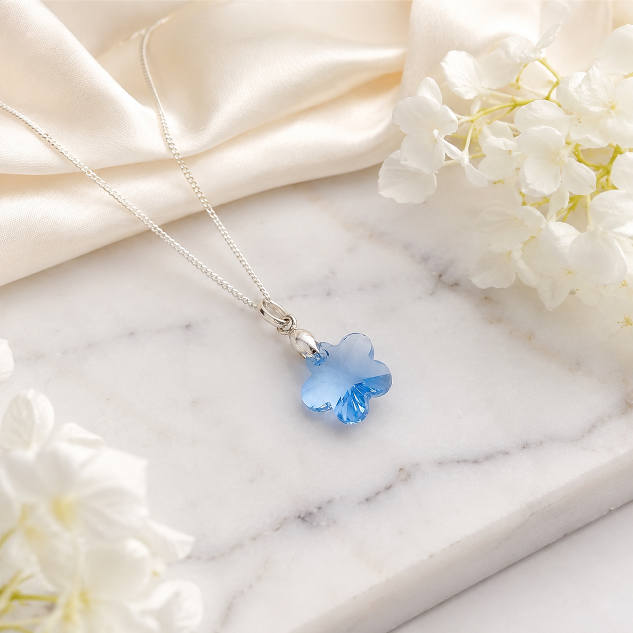 COLLAR DE PLATA PARA MUJER CON CRISTAL FLOR CELESTE JOYERIA ELEGANTE PARA REGALO - 4