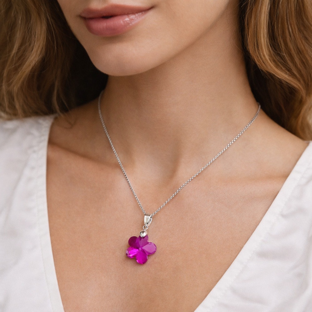 Collar de Plata 925 con Dije Flor Fucsia de Cristal para Mujer - Regalo Elegante y Delicado - 3