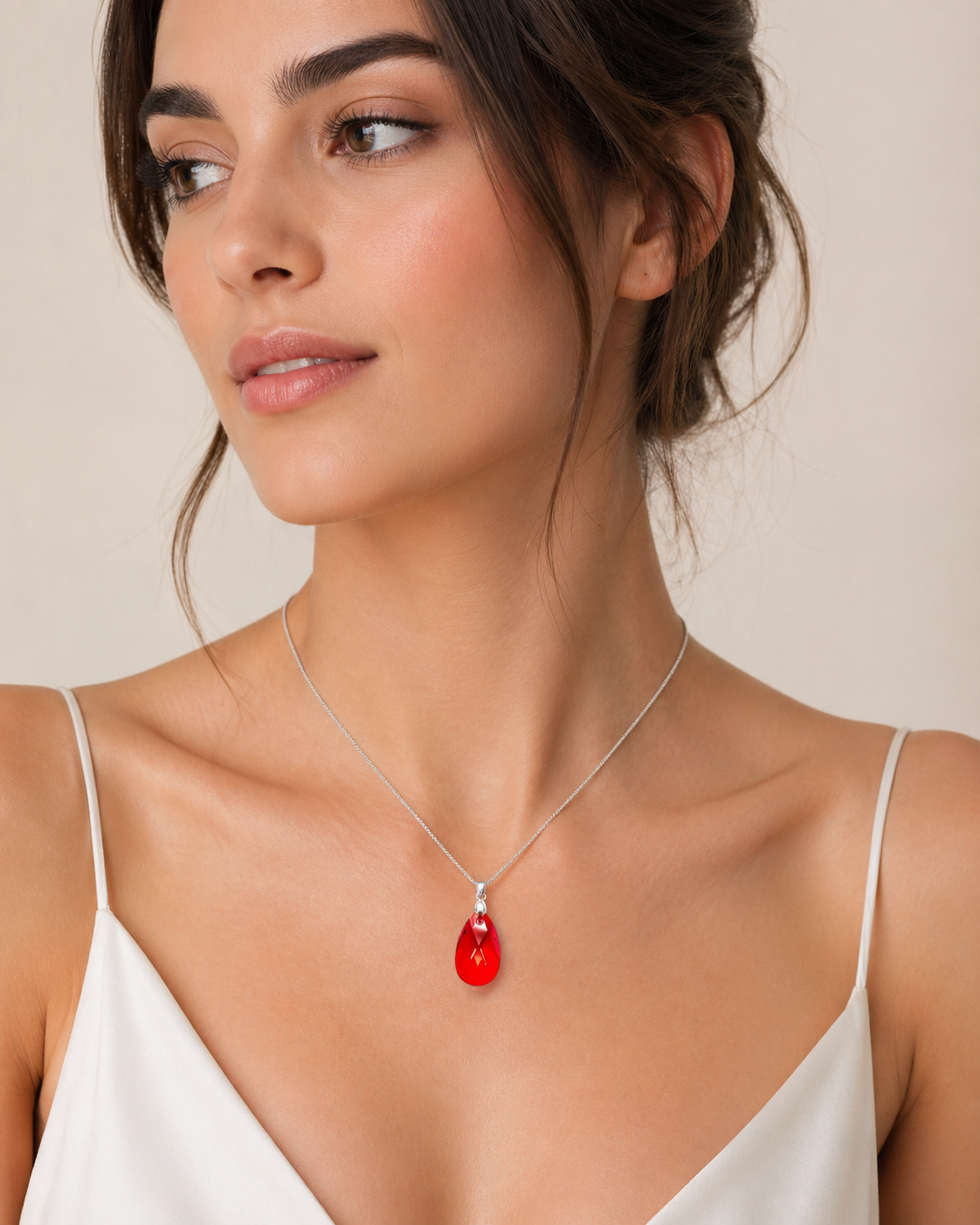 COLLAR DE PLATA PARA MUJER CON DIJE DE CRISTAL DISEÑO GOTA ROJA - REGALO IDEAL PARA SORPRENDER - 3