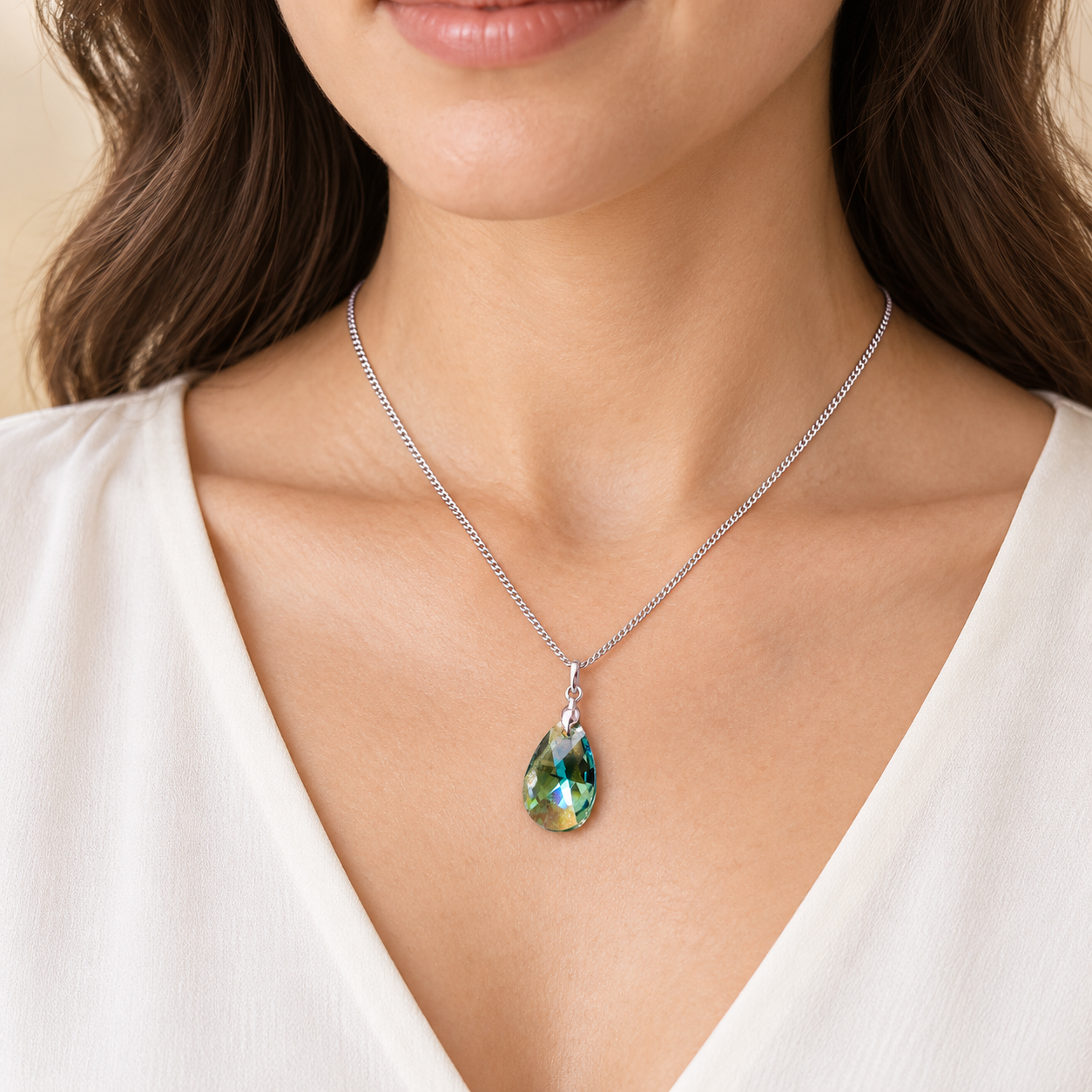 COLLAR DE PLATA 925 PARA MUJER CON DIJE DE CRISTAL GOTA VERDE - JOYERIA ELEGANTE PARA SORPRENDER - 3