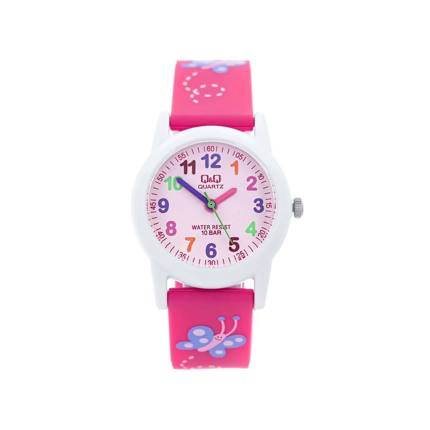 RELOJ Q&Q VR99J002Y PARA NIÑA ROSADO DISEÑO MARIPOSA RESINA 30 MM ACUÁTICO 10 BAR - 1