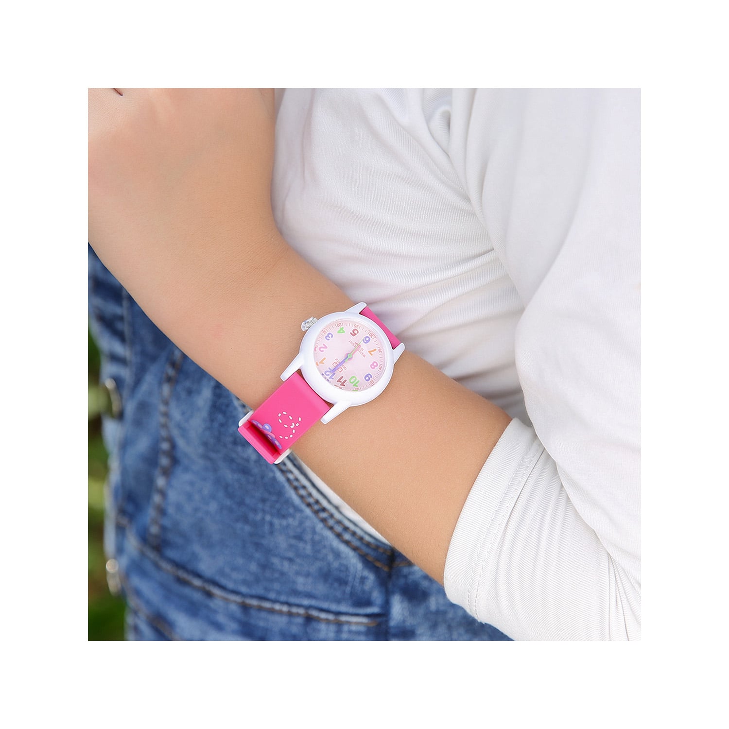 RELOJ Q&Q VR99J002Y PARA NIÑA ROSADO DISEÑO MARIPOSA RESINA 30 MM ACUÁTICO 10 BAR - 4