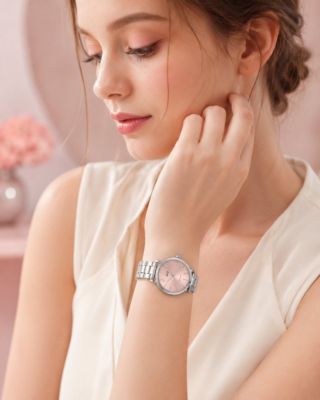 RELOJ Q&Q Q893J212Y PARA MUJER PLATEADO CON ESFERA ROSADA Y BRAZALETE METÁLICO 32 MM - 3
