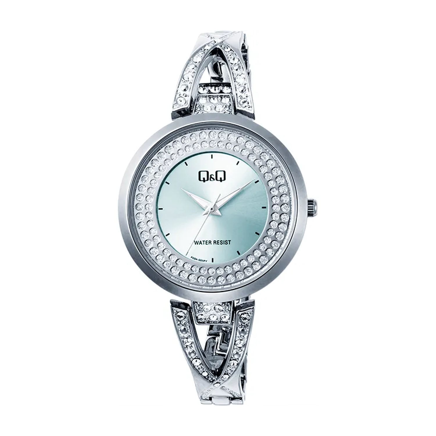 RELOJ Q&Q F03A-005PY PARA MUJER PLATEADO ESFERA CELESTE BRAZALETE METÁLICO CON CRISTALES 38 MM - 1