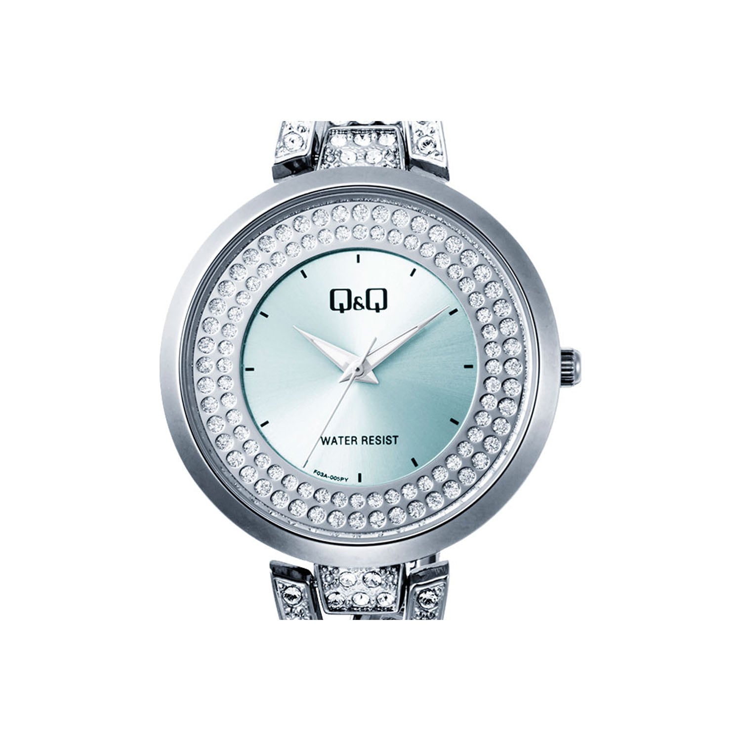 RELOJ Q&Q F03A-005PY PARA MUJER PLATEADO ESFERA CELESTE BRAZALETE METÁLICO CON CRISTALES 38 MM - 2