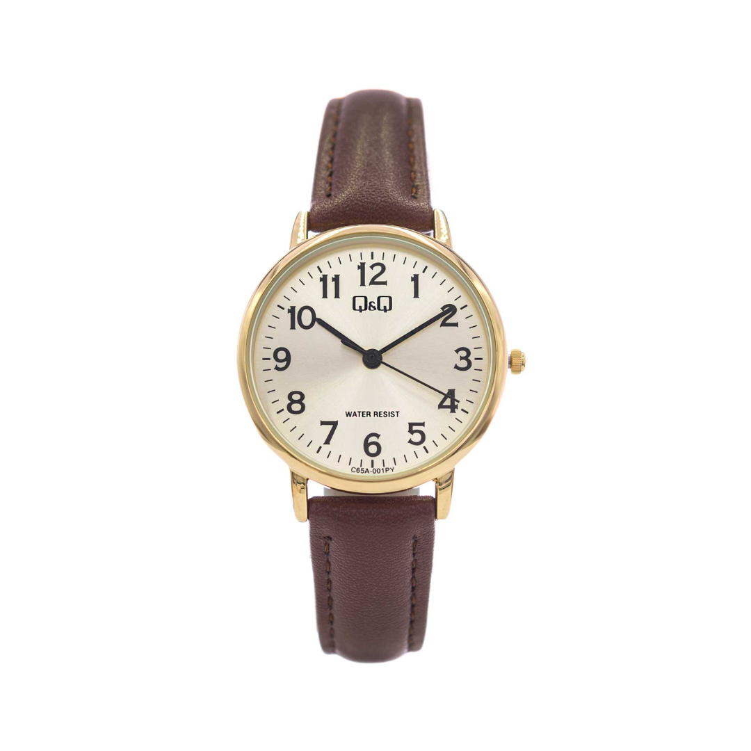 RELOJ Q&Q C65A-001PY PARA MUJER DORADO CON CORREA MARRÓN ESFERA DORADA 31 MM ACUÁTICO 3 BAR - 1