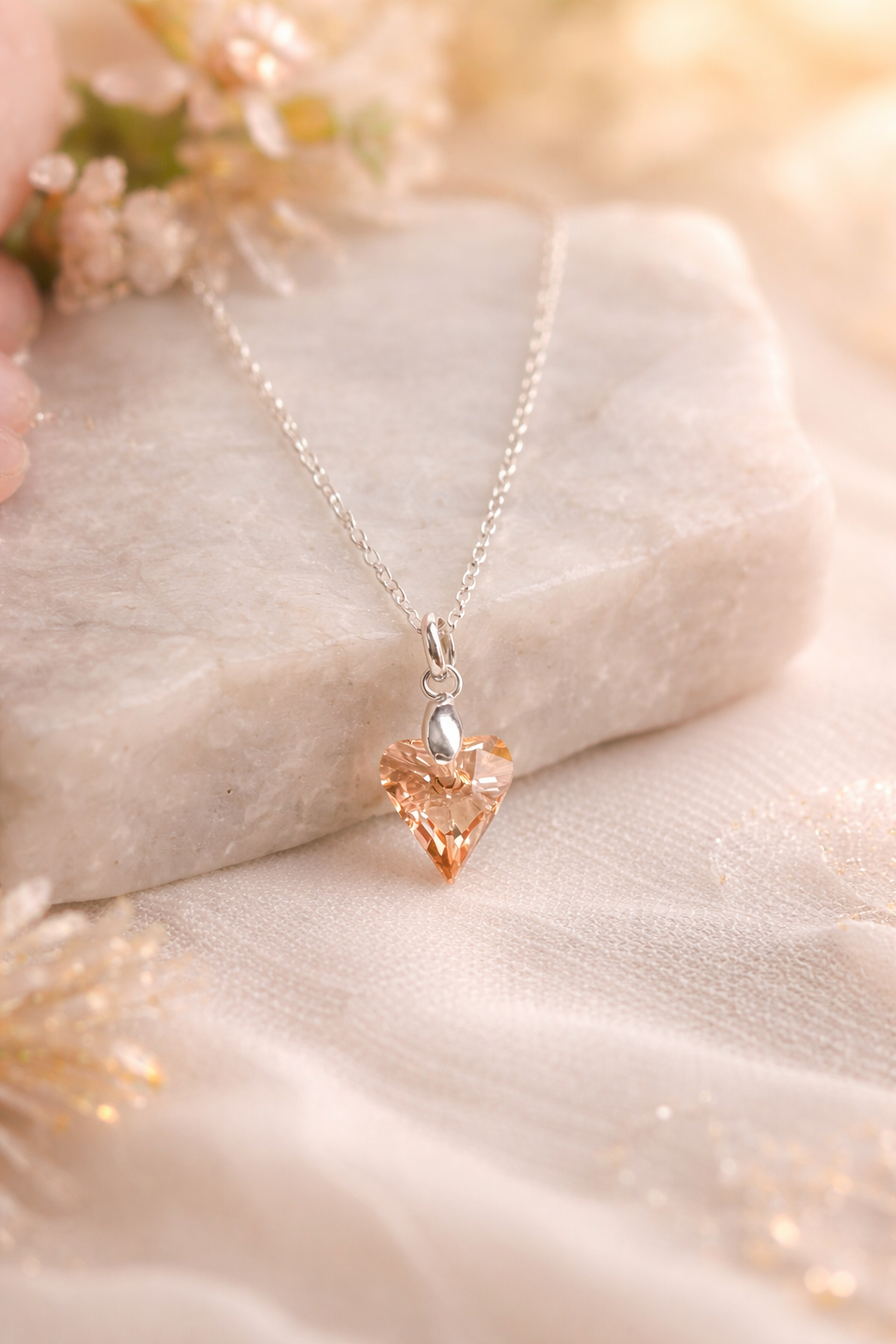 COLLAR DE PLATA 925 PARA MUJER CON DIJE DISEÑO CORAZÓN DE CRISTAL COLOR ÁMBAR - REGALO ROMÁNTICO PARA MUJER - 1