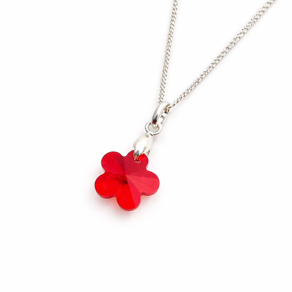 COLLAR DE PLATA 925 CON DIJE DE CRISTAL DISEÑO FLOR COLOR ROJO - COLLAR ELEGANTE IDEAL COMO REGALO PARA MUJER - 1