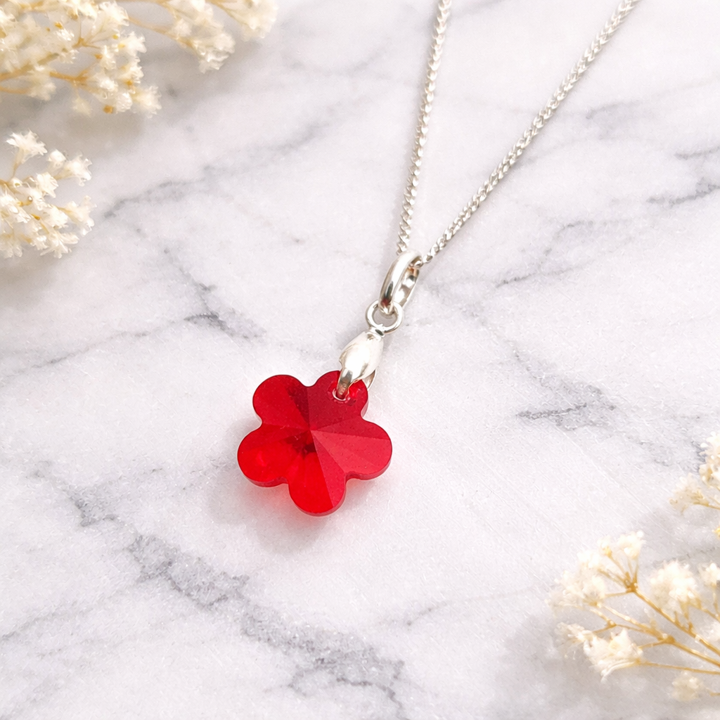 COLLAR DE PLATA 925 CON DIJE DE CRISTAL DISEÑO FLOR COLOR ROJO - COLLAR ELEGANTE IDEAL COMO REGALO PARA MUJER - 2