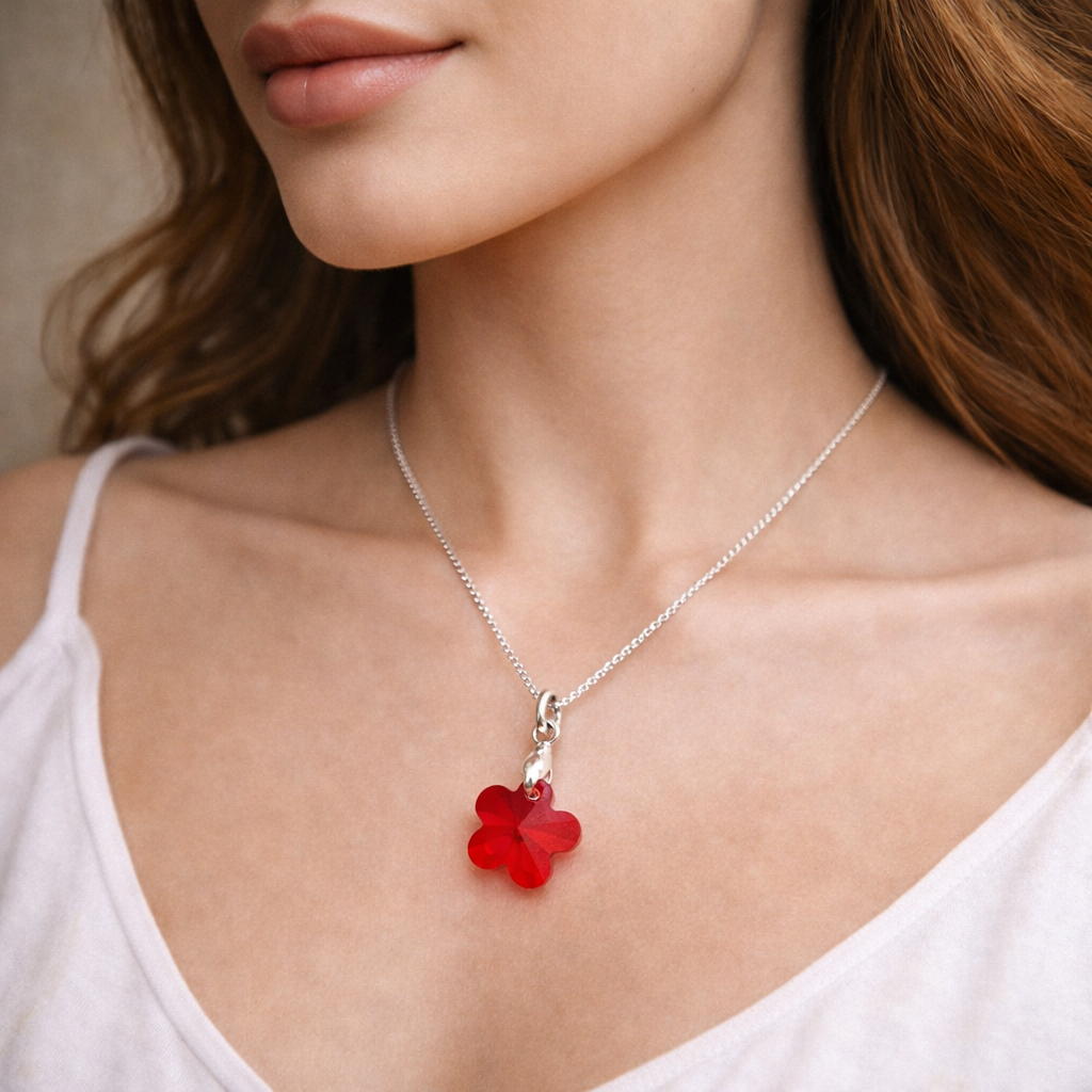 COLLAR DE PLATA 925 CON DIJE DE CRISTAL DISEÑO FLOR COLOR ROJO - COLLAR ELEGANTE IDEAL COMO REGALO PARA MUJER - 3