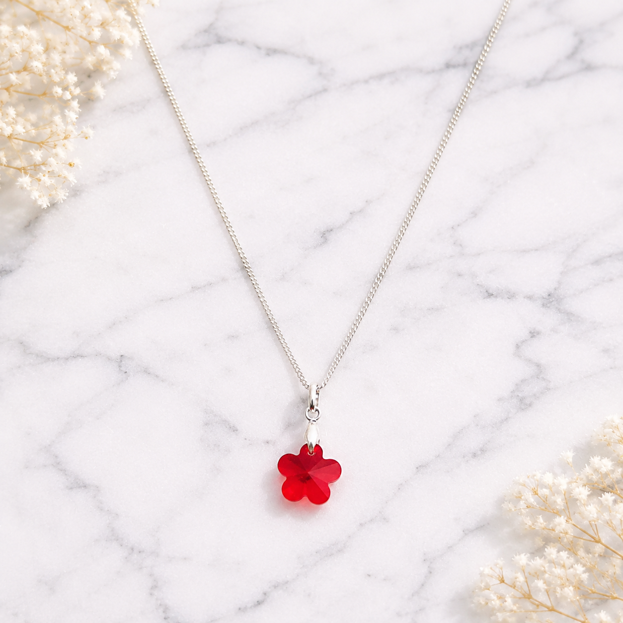COLLAR DE PLATA 925 CON DIJE DE CRISTAL DISEÑO FLOR COLOR ROJO - COLLAR ELEGANTE IDEAL COMO REGALO PARA MUJER - 4