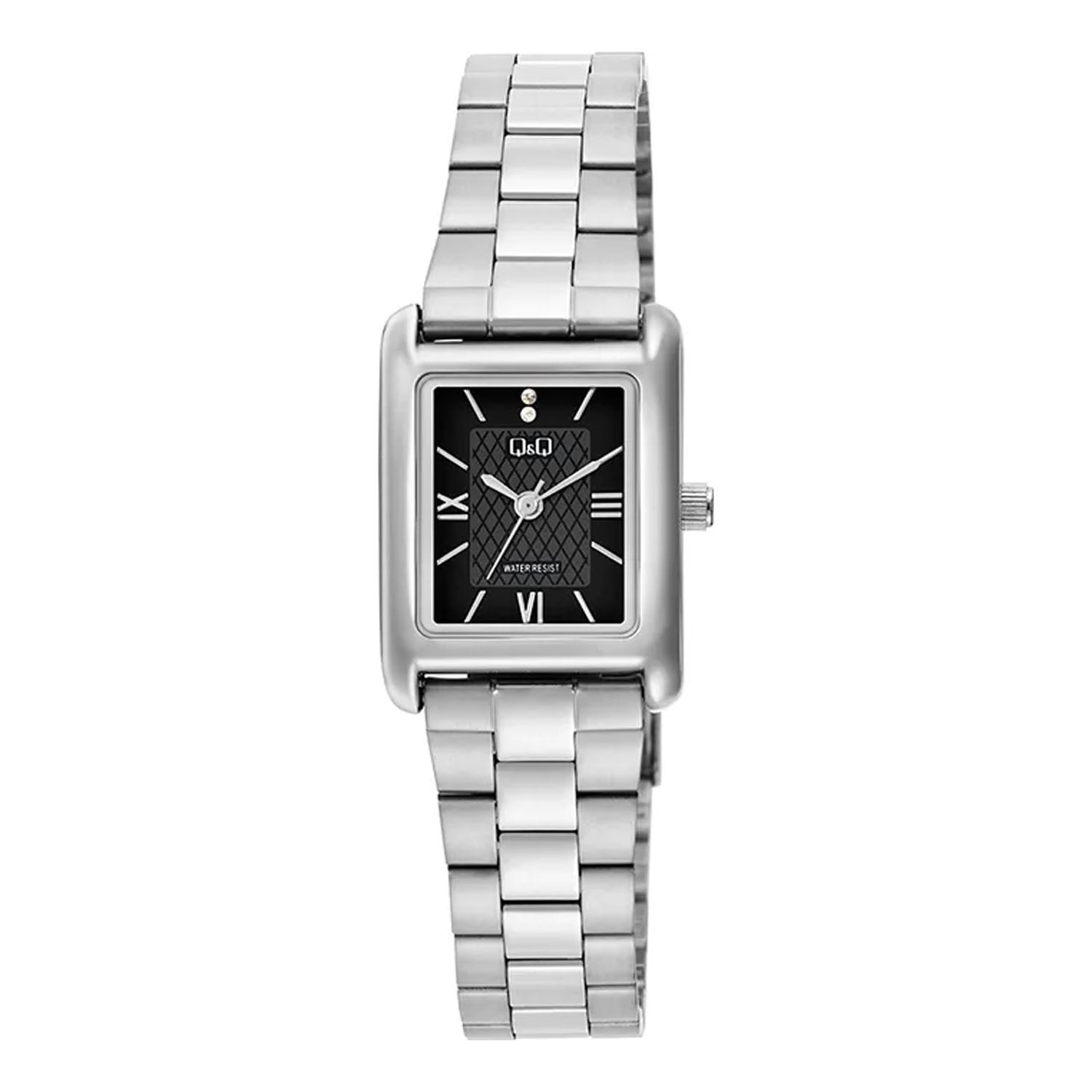 RELOJ QYQ ANALÓGICO PARA MUJER COLOR PLATEADO DISEÑO RECTANGULAR CON INTERIOR NEGRO MODELO C69A-005PY - 1