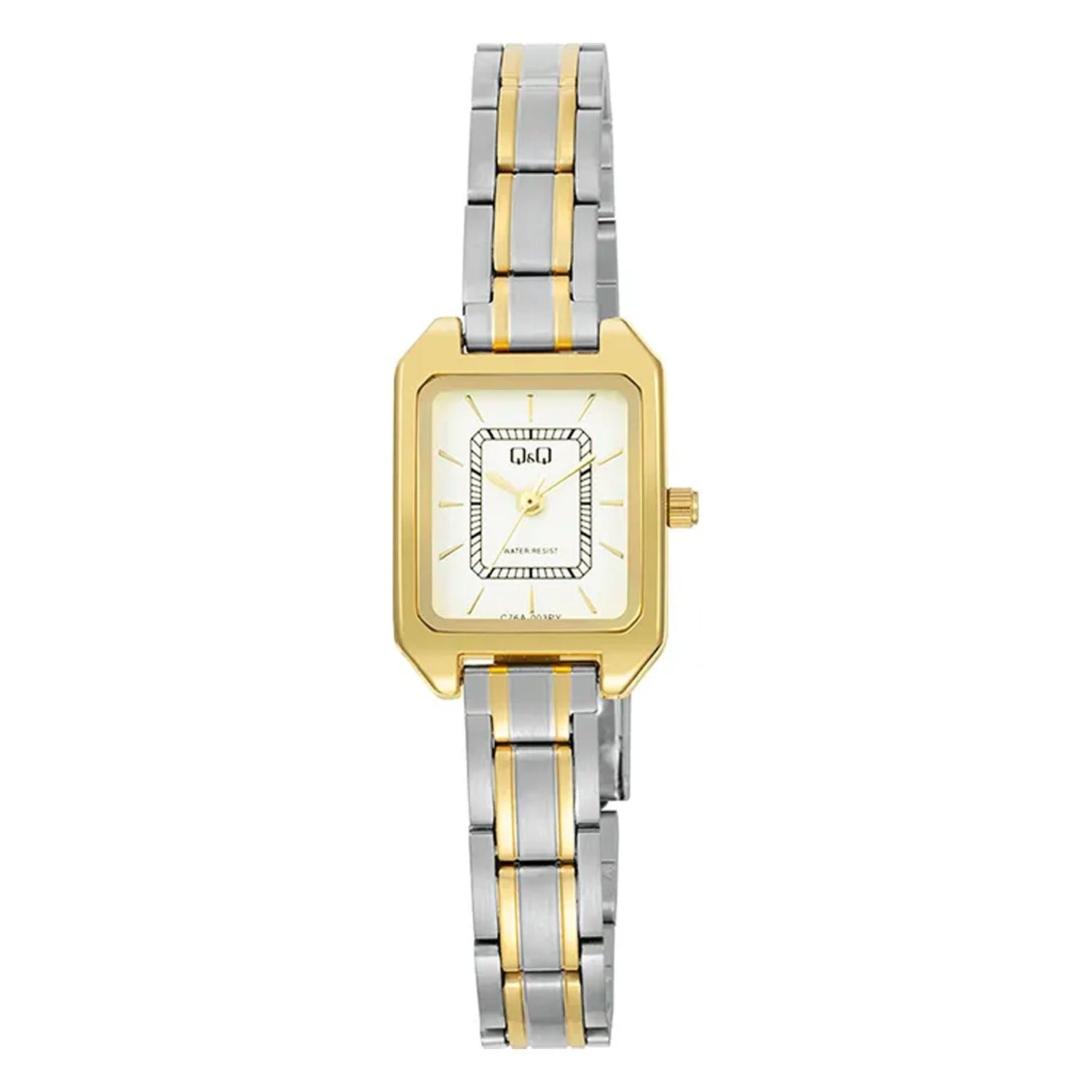 RELOJ Q&Q MODELO C76A-003PY PARA MUJER BICOLOR DORADO Y PLATEADO RECTANGULAR BISEL DORADO CON ESFERA BLANCA - 1