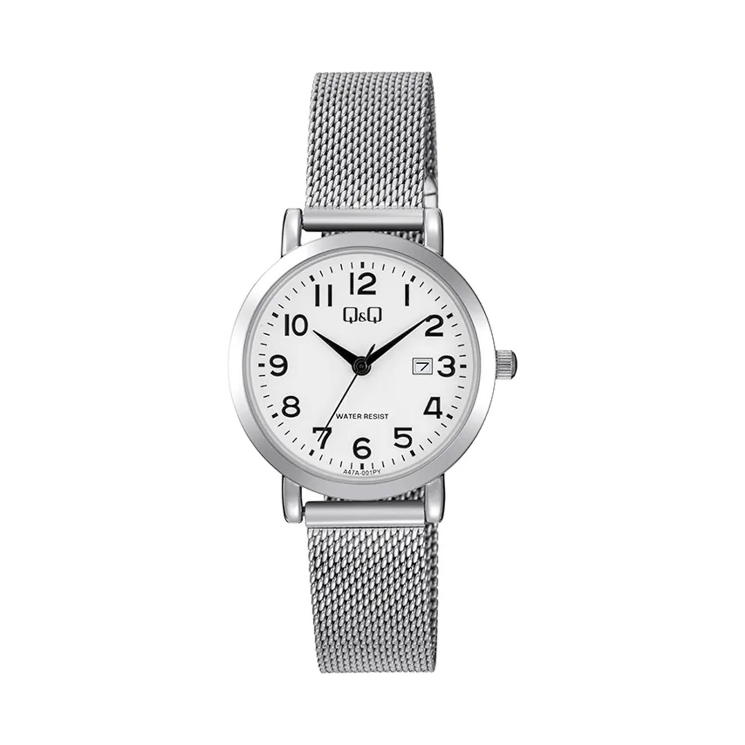 RELOJ Q&Q A47A-001PY PARA MUJER PLATEADO CON MALLA METÁLICA ESFERA BLANCA Y FECHERO 3 ATM - 1