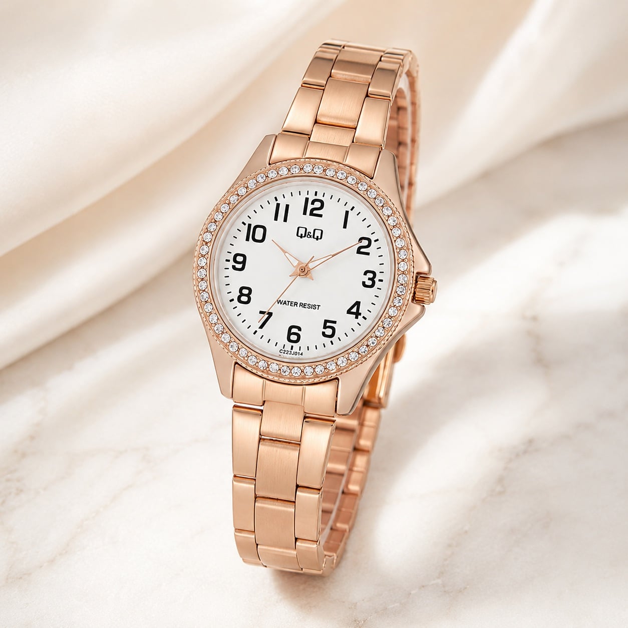 RELOJ Q&Q C223J014Y PARA MUJER ORO ROSA CON ESFERA BLANCA Y DETALLES CON BRILLANTES 3 ATM - 2