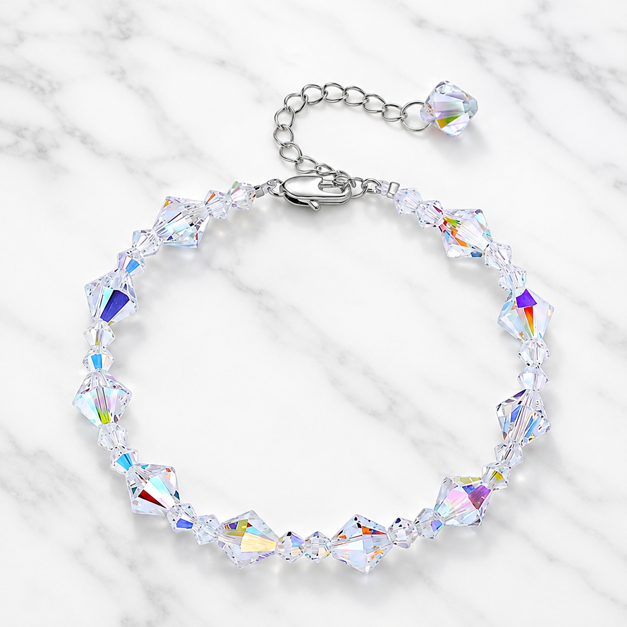 PULSERA DE PLATA 925 AJUSTABLE PARA MUJER CON CRISTALES DISEÑO BICONO COLOR AURORA BOREAL TORNASOL - 1